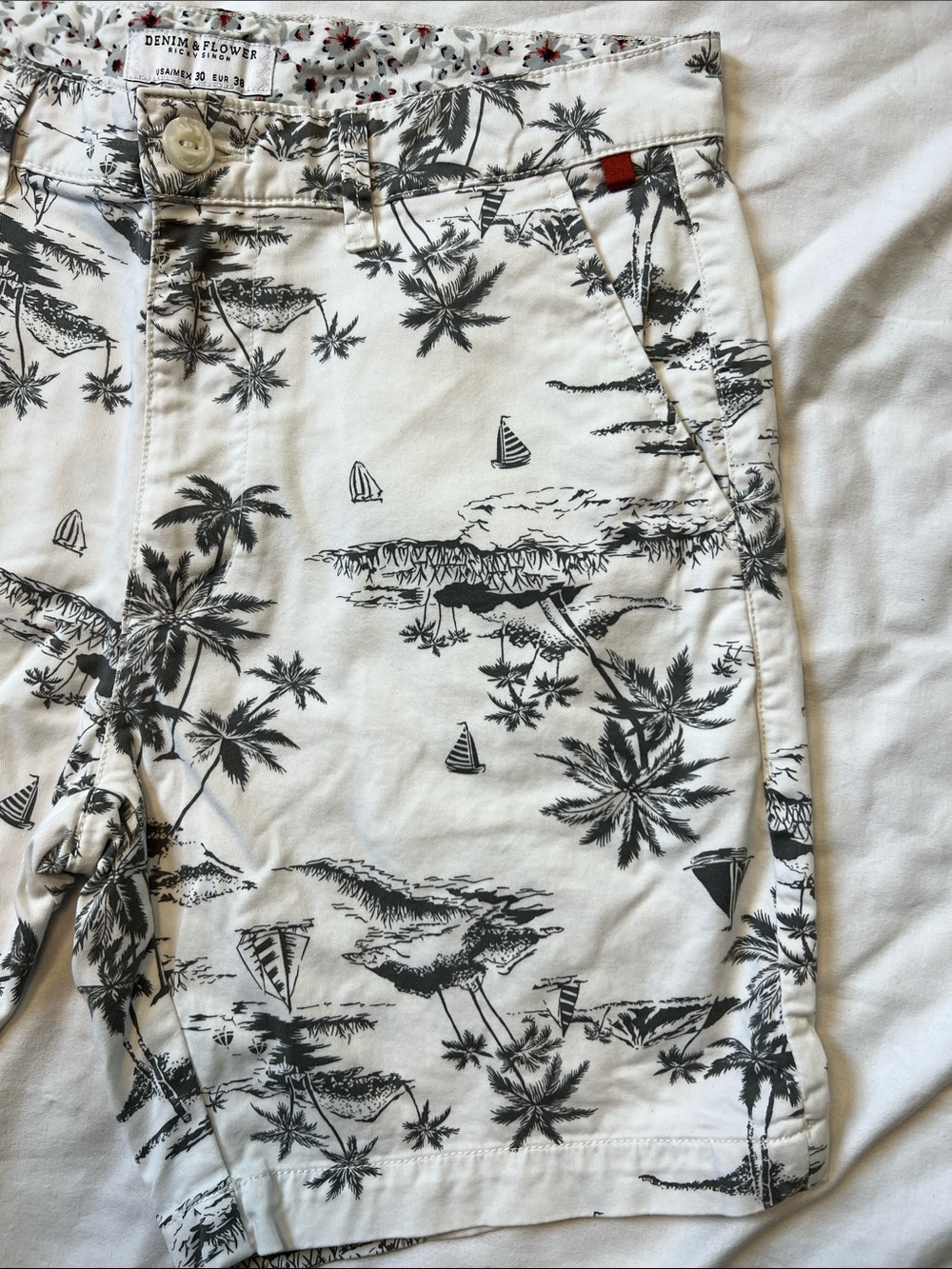 Denim & Flower Black on White Island-Print Cotton Shorts - Picture 2 of 9